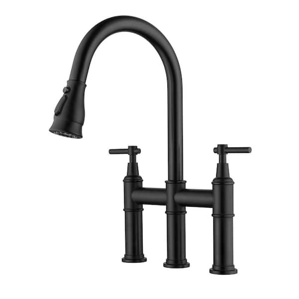 Tomfaucet High Arch Double Handle Bridge Kitchen Faucet with Pull Down Sprayer in Matte Black