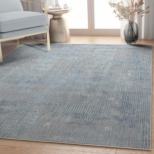 Blue 7 ft. 7 in. x 9 ft. 10 in. Flat-Weave Abstract Acropolis Modern Geometric Lines Area Rug
