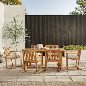 Natural 7-Piece Modern Slatted Wood Geometric Outdoor Dining Set with Bisque Cushions