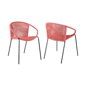 Snack Stackable Steel Indoor Outdoor Dining Chair with Brick Red Rope (Set of 2)