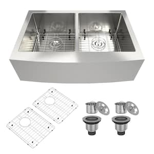 33 in. Farmhouse/Apron-Front Double Bowl 18 Gauge Brushed Stainless Steel Kitchen Sink with Bottom Grid and Strainer
