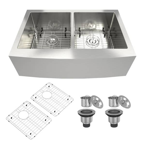 CASAINC 33 in. Farmhouse/Apron-Front Double Bowl 18 Gauge Brushed Stainless Steel Kitchen Sink with Bottom Grid and Strainer