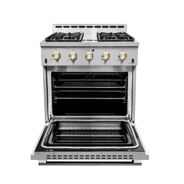 NXR Entree Bundle 30 in. 4.5 Cu.Ft. Pro-Style GAS Range with Convection Oven and Range Hood in Stainless Steel and Gold