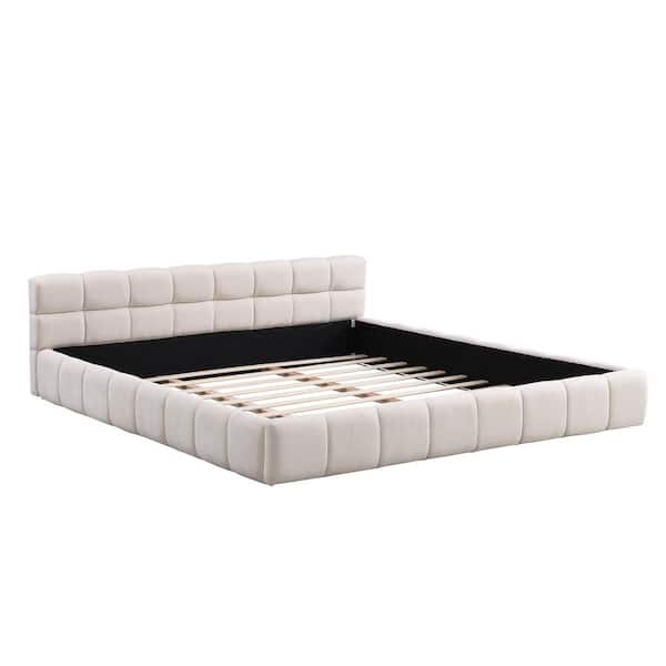 Beige Wood Frame King Size Chenille Upholstered Platform Bed Grounded Bed with Tufted Headboard
