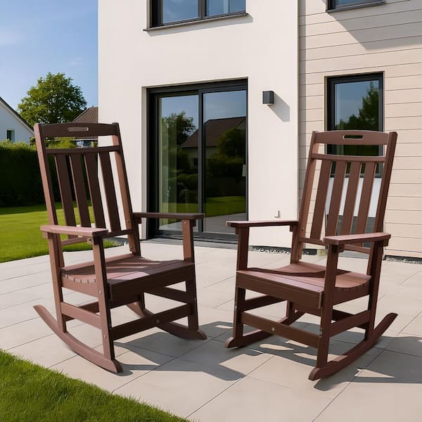 Teak HDPE Plastic Outdoor Rocking Chair, Porch Deck Rocker, 2 Pack