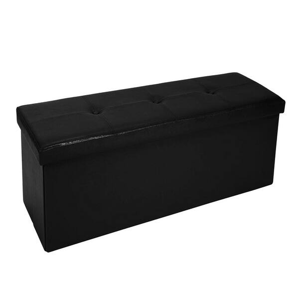 SIMPLIFY Black Faux Leather Triple Folding Storage Ottoman