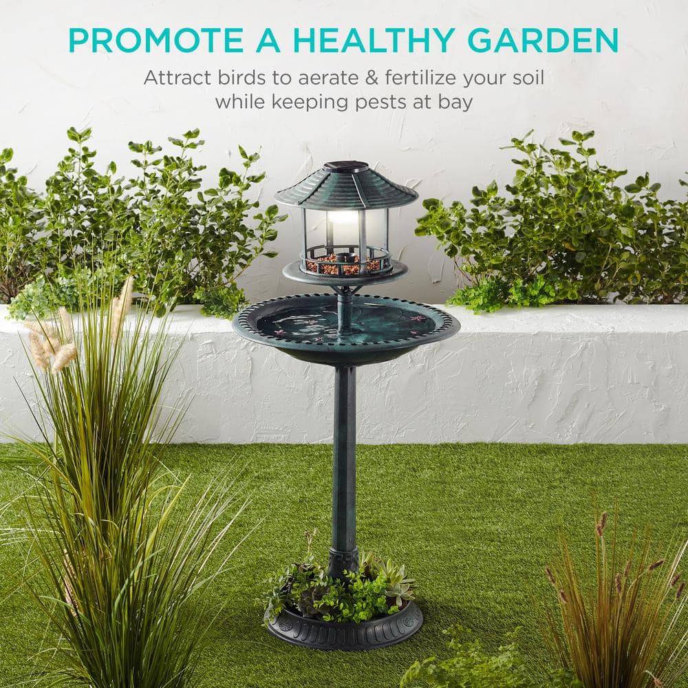 Green Solar-Powered Bird Bath Fountain with Planter Base