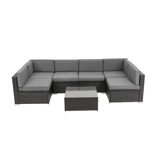 WELLFOR 7-Piece Wicker Outdoor Patio Conversation Set with Gray Cushions