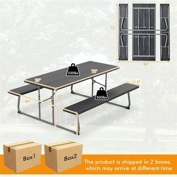 Costway 72 in. Black Rectangle HDPE Plastic Picnic Tables 8 Person