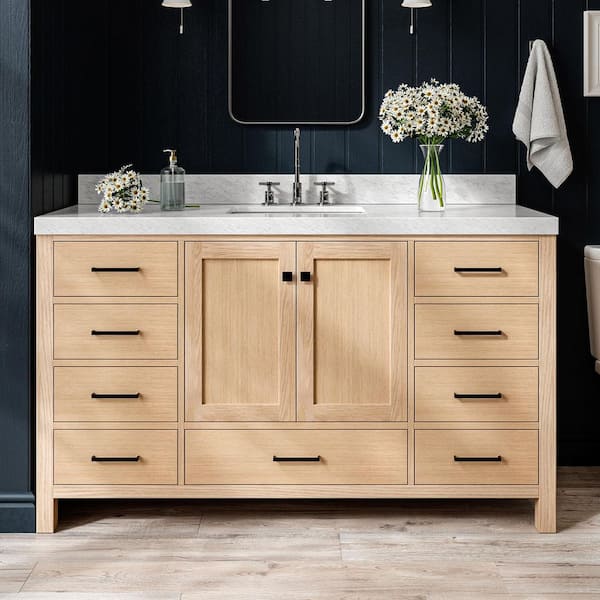 Cambridge 60 in. Single Sink Freestanding Bathroom Vanity in Oak with Carrara White Marble Top