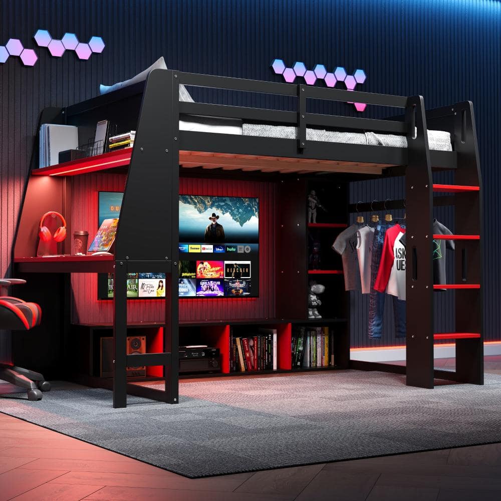 Black Wood Twin  Size Gaming Loft Bed with Desk, Multi-storage Shelves, LED and a Hanging Clothes Rack price history on PriceWatchPro