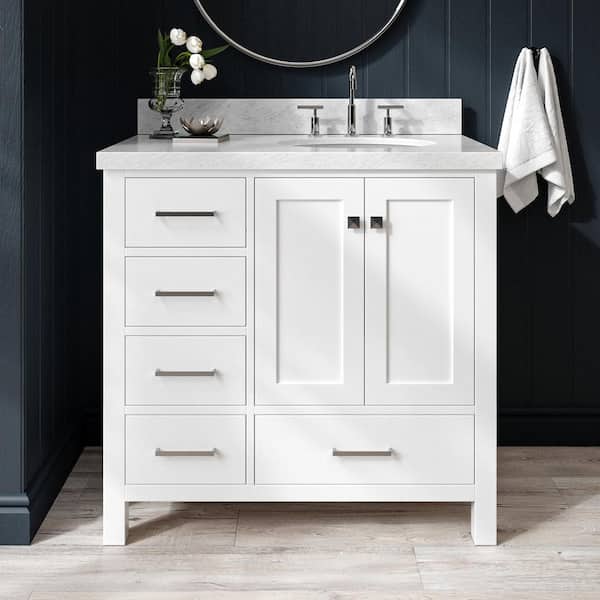 ARIEL Cambridge 37 in. W x 22 in. D x 36 in. H Bath Vanity in White with Carrara White Marble Top