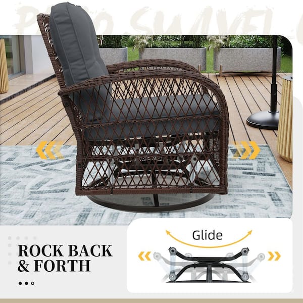 3-Piece Brown Wicker Patio Outdoor Rocking Chair Set with Gray Cushion and Side Table
