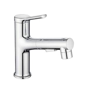 Single Handle One Hole Commercial Deck Mount Bathroom Sink Faucet with Pull-Down Sprayer in Chrome