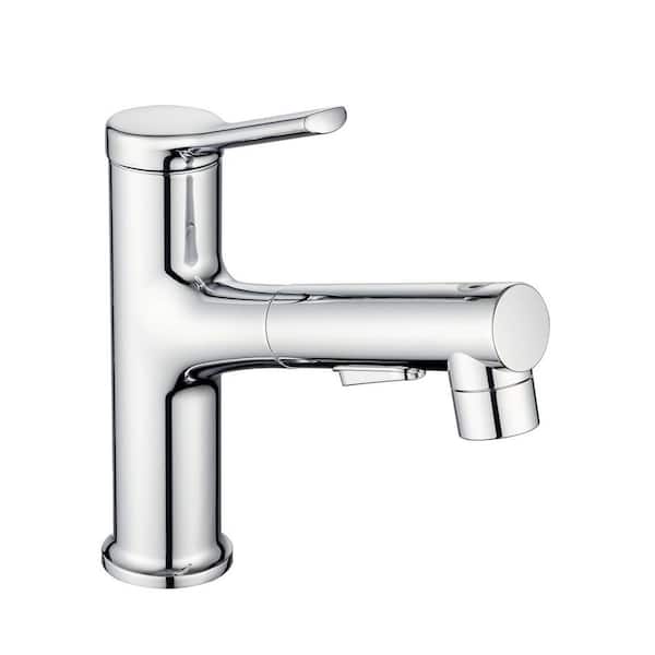 Flynama Single Handle One Hole Commercial Deck Mount Bathroom Sink Faucet with Pull-Down Sprayer in Chrome