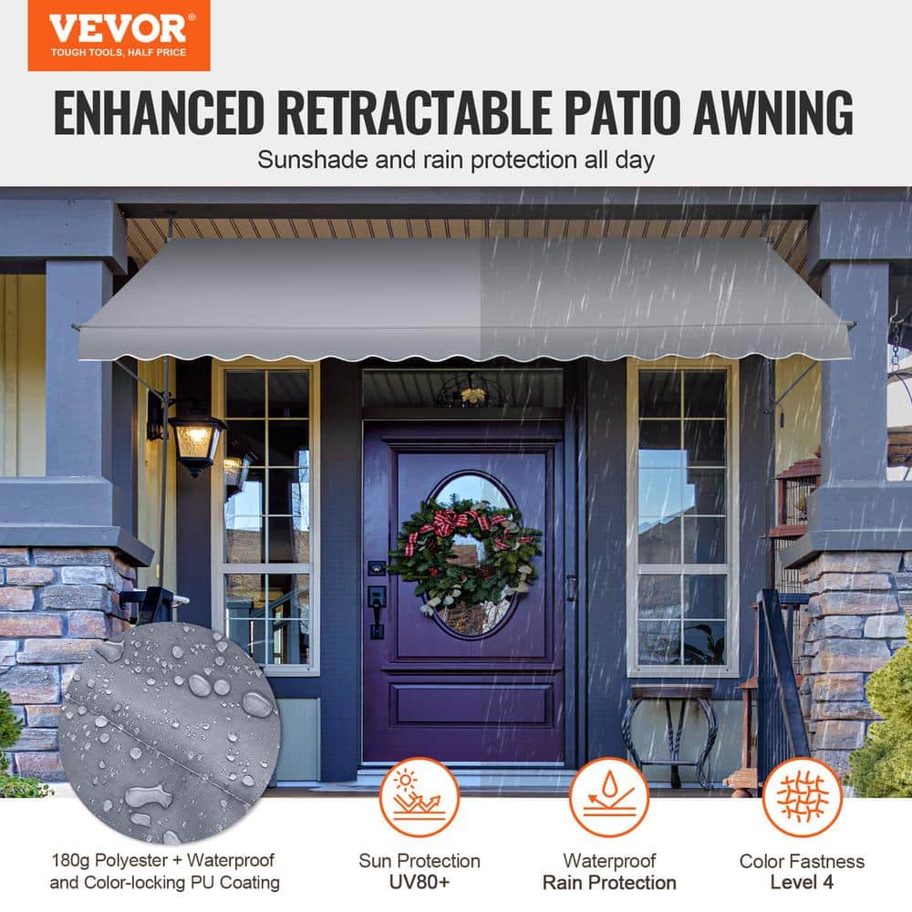 Gray Retractable Patio Awning with Manual Crank Handle