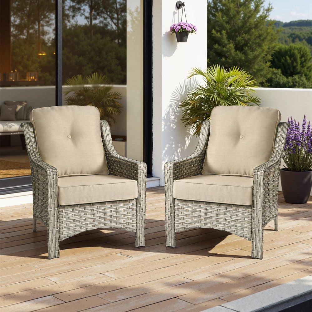 Ergonomic Arm 2-Piece Gray Wicker Outdoor Lounge Single Chair Patio Dining Chairs with Beige for Backyard price history on PriceWatchPro