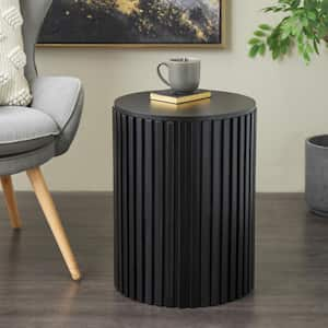 16 in. Black Handmade Ribbed Large Round Wood End Table with Slatted Base