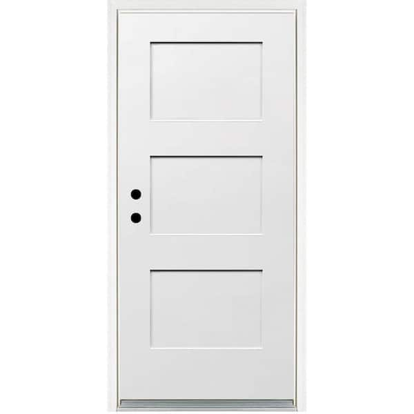 36 in. x 80 in. Right-Hand Smooth White 3 Panel Shaker Fiberglass Prehung Front Door