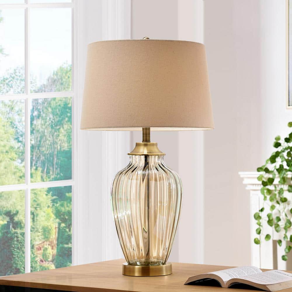 28.5" Gold Glass Table Lamp with Off-White Linen Shade