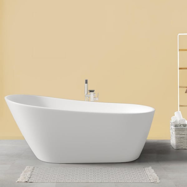 INSTER 63 in. Oval Acrylic Flatbottom Freestanding Soaking Single Slipper Bathtub in Gloss White