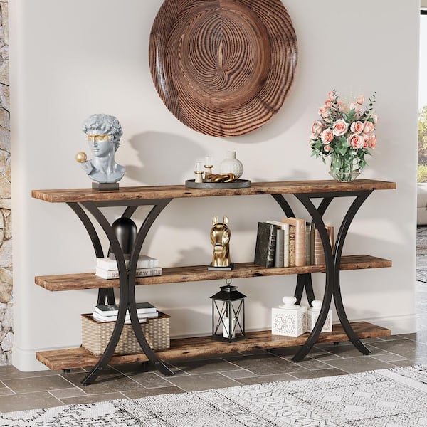 BYBLIGHT Turrella 70.8 in. Brown and Black Rectangle Engineered Wood Console Table with 3-Tier Storage Shelves