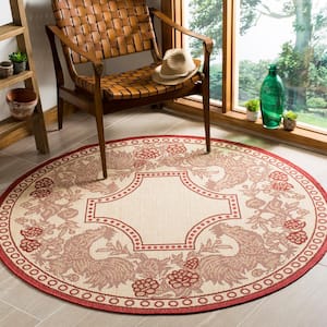 Courtyard Natural/Red 5 ft. x 5 ft. Round Border Indoor/Outdoor Patio  Area Rug