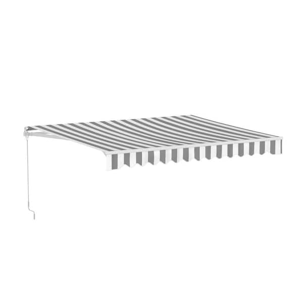 ALEKO 12 ft. Caribbean Polyester Manual Retractable Patio Awning 10 ft. Projection in Grey and White Stripes