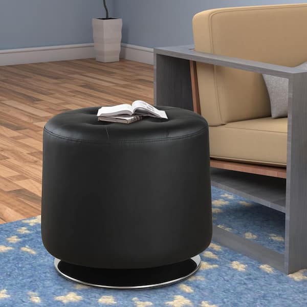 Benjara Round Leatherette Swivel Ottoman with Tufted Seat White and Black 