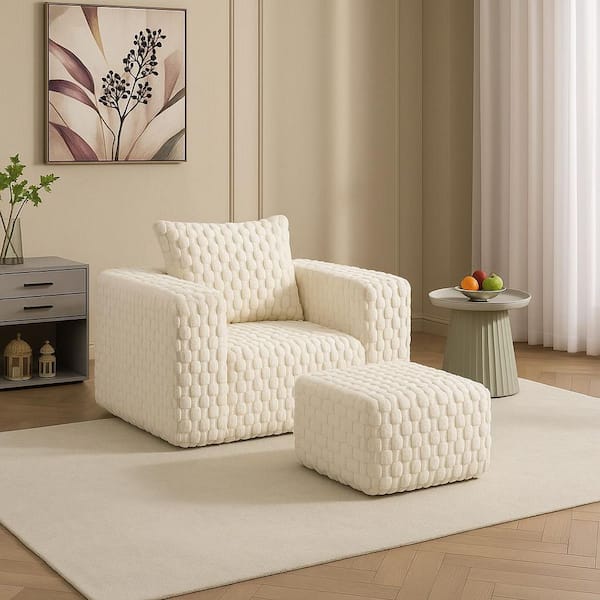42.91 in. W Flared Arm Corduroy Rectangular Compression Sofa, Bean Bag Chair Couch w/ Ottoman & Pillow in White