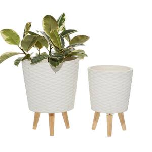 14 in. and 16 in. White Textured Round Fiberclay Planters (Set of 2)