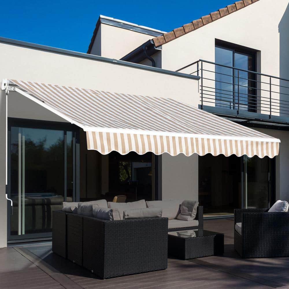 Beige Striped Aluminum Manual Retractable Patio Awning