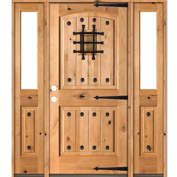 60 in. x 80 in. Mediterranean Knotty Alder Right-Hand/Inswing Clear Glass Clear Stain Wood Prehung Front Door w/DHSL
