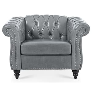 38.98 in. W Rolled Arms PU Leather Rectangle Classic Tufted Button 1 Seater Sofa in Gray