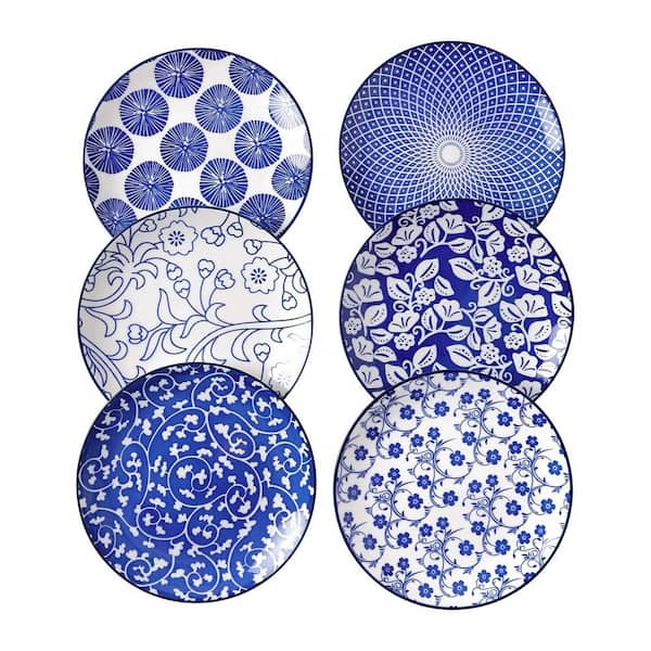 Vintage Blue Ceramic 6 fl. oz. Dessert Plates Set of 6, 6 in. Appetizer Plates for Kitchen Microwave and Dishwasher Safe