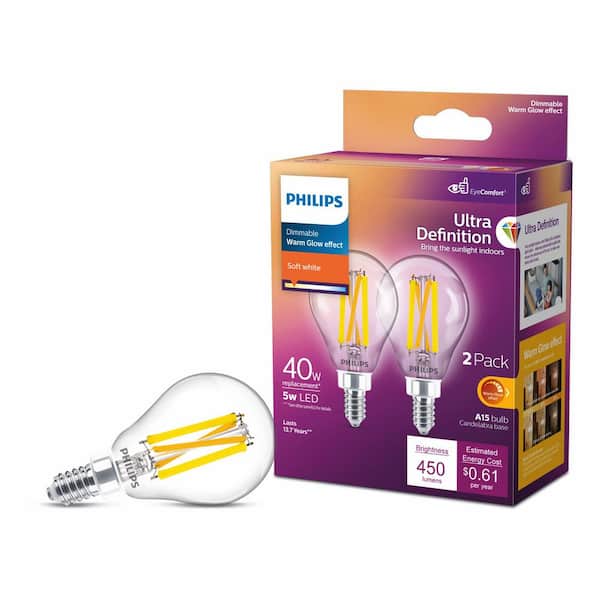 40-Watt Equivalent A15 Ultra Definition Dimmable Clear E12 LED Light Bulb Soft White with Warm Glow 2700K (2-Pack)
