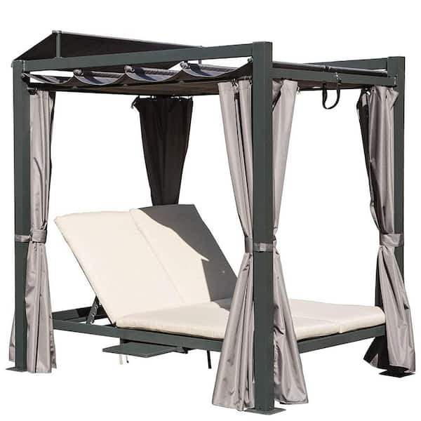 5 ft. x 6.5 ft. Grey Aluminum Outdoor Patio Canopy with Daybed Double Chaise Lounge with Beige Cushion and Cup Holder