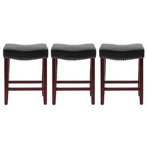 Jameson 24 in. Counter Height Cherry Wood Finish Backless Nailhead Barstool with Faux Leather Saddle Seat (Set of 3)