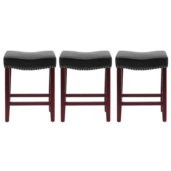 WESTINFURNITURE Jameson 24 in. Counter Height Cherry Wood Finish Backless Nailhead Barstool with Faux Leather Saddle Seat (Set of 3)