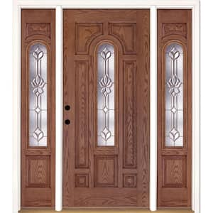 63.5 in.x81.625 in. Medina Brass Center Arch Lt Stained Medium Oak Right-Hand Fiberglass Prehung Front Door w/Sidelites