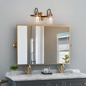 13 in. 2-Light Seeded Glass Bathroom Vanity Light, Modern Brass Plated and Matte Black Bath Light, Linear Light Fixture