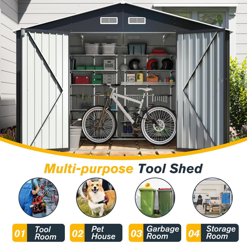 8' x 10' Black Metal Garden Storage Shed with Double Doors