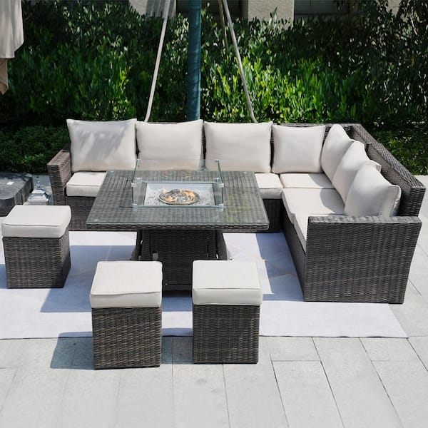 moda furnishings Aulis Brown 8-Piece Wicker Patio Fire Pit Conversation Sofa Set with Beige Cushions