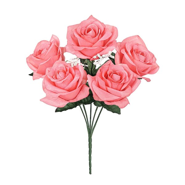 LIVING LUXURY 14 in. Coral Pink Artificial Open Rose Flower Stem Bush Bouquet (Set of 12)