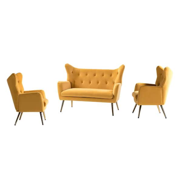 JAYDEN CREATION Esteban 3 Piece Mustard Living Room Set with Wingback Design