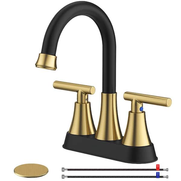1-Piece Centerset Bathroom Sink Faucet for Sink 3 Hole in Black and Gold with Pop-up Drain and 2 Supply Hoses for Sink