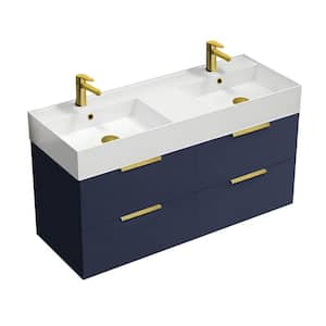 Derin 47.64 in. W x 18.11 in. D x 25.2 in. H Modern Wall Mounted Bathroom Vanity in Night Blue with White Ceramic Top