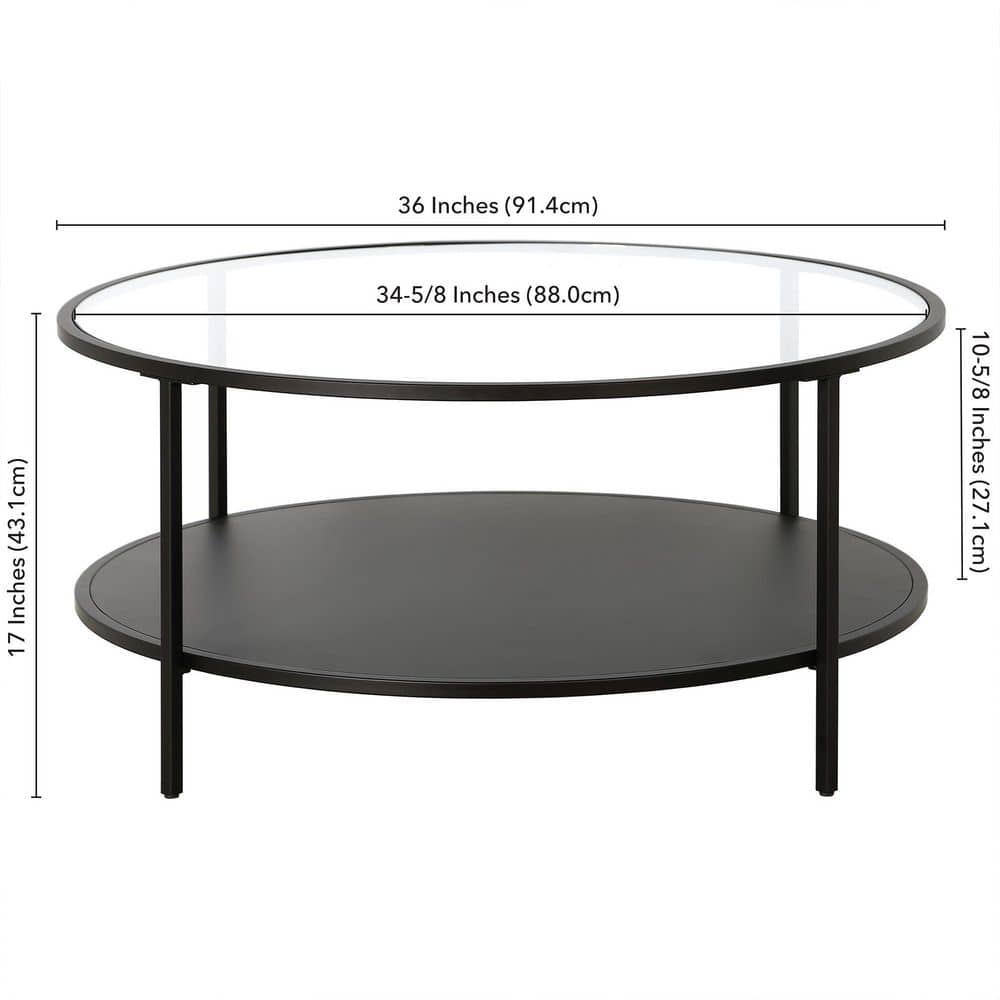 Blackened Bronze Round Coffee Table with Glass Top and Metal Shelf, 36"