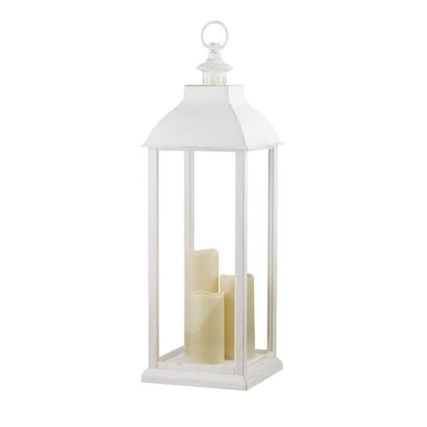 28 in. Tall Outdoor Battery-Operated Lantern with LED Lights, White
