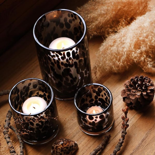 Clear With Black Tortoise Glass Cylinder Hurricane Candle Holders 3-Pack, Decor Vase